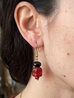 Ruby And Garnet Handcrafted Glass Lampwork Bead Earrings With Navy Blue Bead